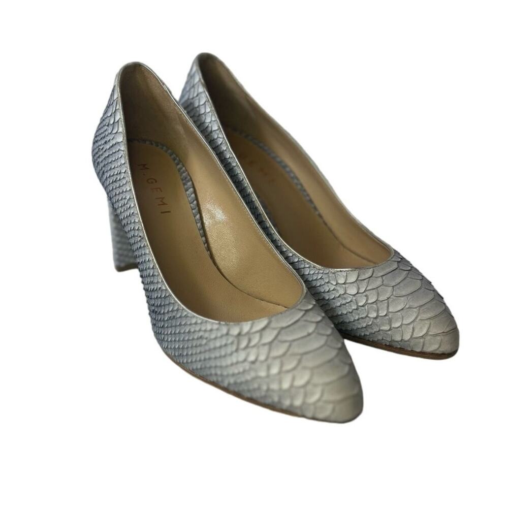 M. Gemi Lustro Snakeskin Block Heel Light Grey Blue Almond Toe Heels IT 36 US 6